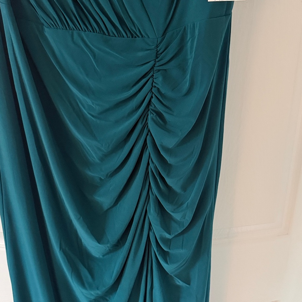 Elegant Teal Ruched V-Neck Maxi Dress From David’s Bridal - Picture 4 of 6